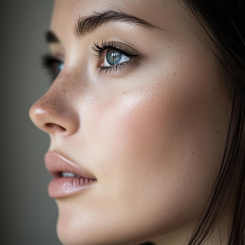 Seitliches Profil einer jungen Frau mit natürlichem Make up